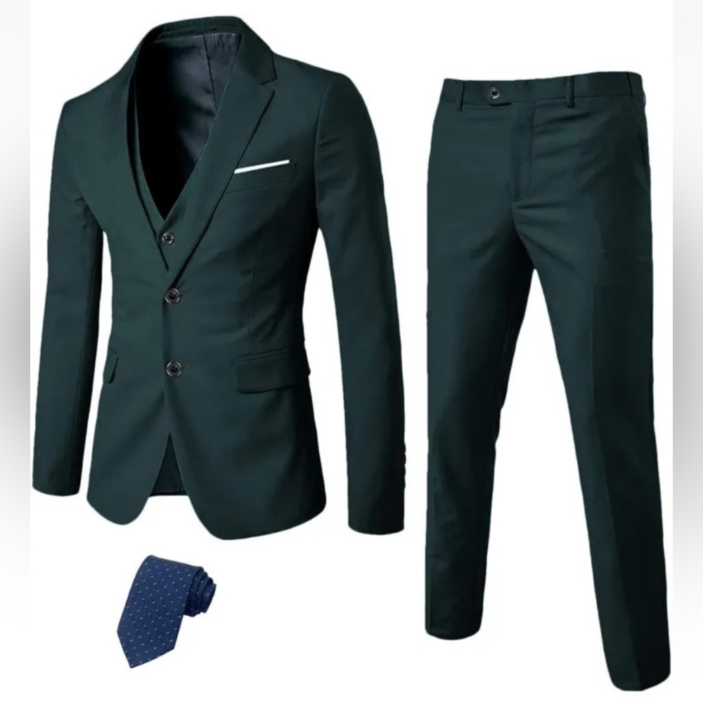 YND Mens Slim Fit 2 Button 3 Piece Suit Set, Blazer Jacket Vest Pants and Tie XS